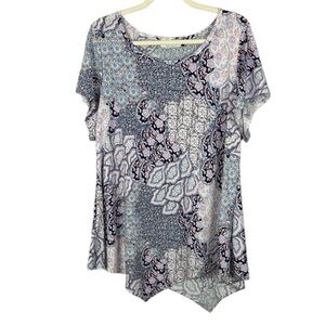 Star Vixen Blue Pink Paisley Floral Short Sleeve Handkerchief Hem Draped 3X Top